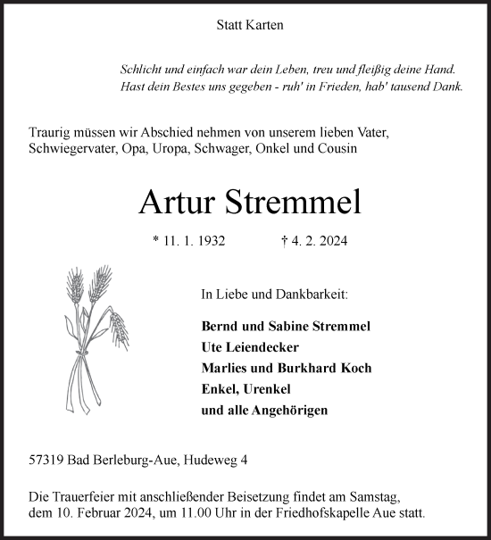 Traueranzeige von Artur Stremmel von Siegener Zeitung