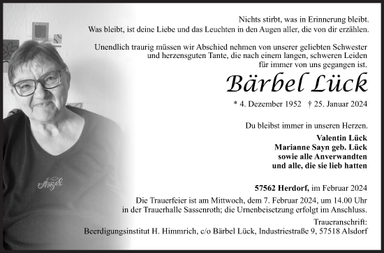 Traueranzeige von Bärbel Lück von Siegener Zeitung