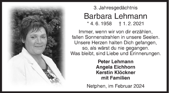 Traueranzeige von Barbara Lehmann von Siegener Zeitung