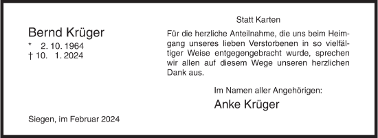 Traueranzeige von Bernd Krüger von Siegener Zeitung
