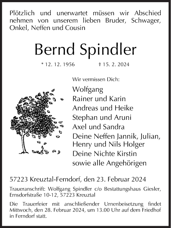 Traueranzeige von Bernd Spindler von Siegener Zeitung