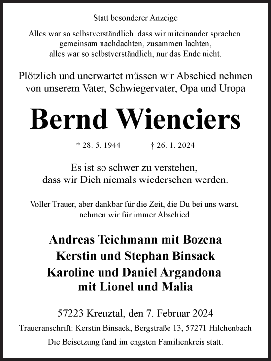 Traueranzeige von Bernd Wienciers von Siegener Zeitung