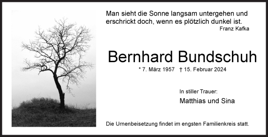 Traueranzeige von Bernhard Bundschuh von Siegener Zeitung