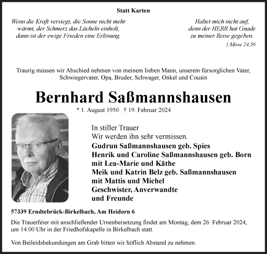 Traueranzeige von Bernhard Saßmannshausen von Siegener Zeitung