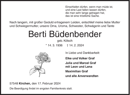 Traueranzeige von Berti Büdenbender von Siegener Zeitung