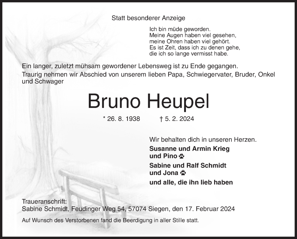  Traueranzeige für Bruno Heupel vom 17.02.2024 aus Siegener Zeitung