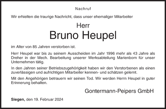Traueranzeige von Bruno Heupel von Siegener Zeitung