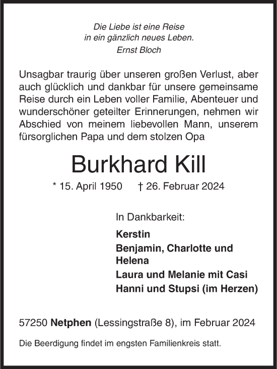 Traueranzeige von Burkhard Kill von Siegener Zeitung