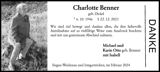 Traueranzeige von Charlotte Benner von Siegener Zeitung