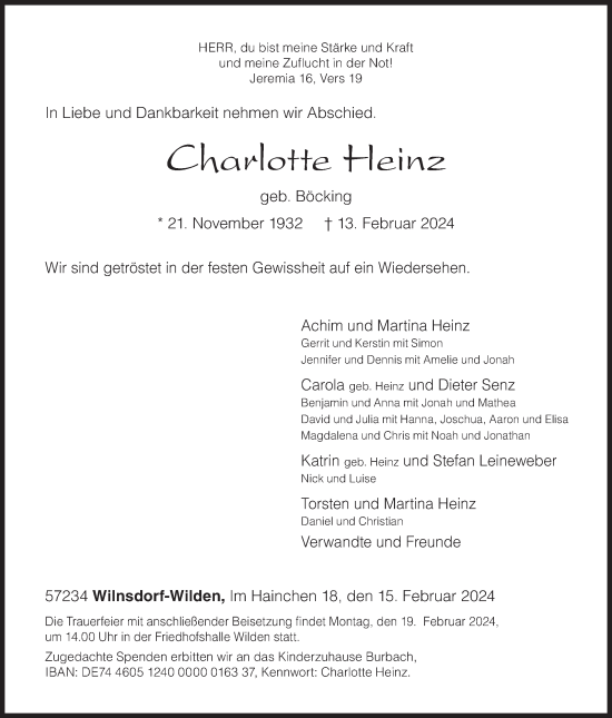 Traueranzeige von Charlotte Heinz von Siegener Zeitung