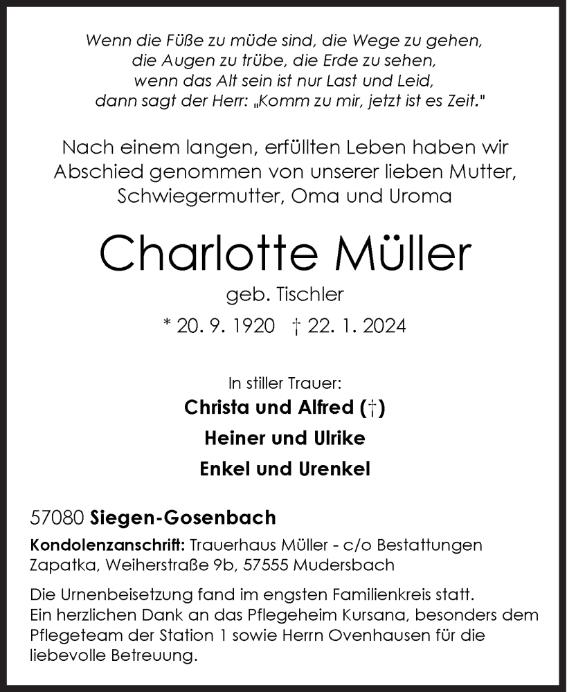  Traueranzeige für Charlotte Müller vom 10.02.2024 aus Siegener Zeitung