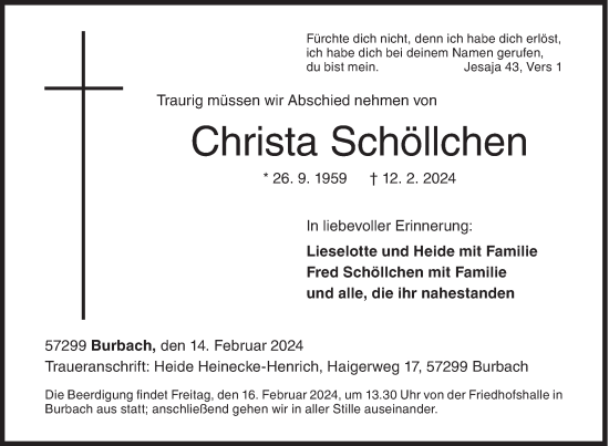 Traueranzeige von Christa Schöllchen von Siegener Zeitung