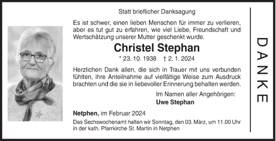 Traueranzeige von Christel Stephan von Siegener Zeitung