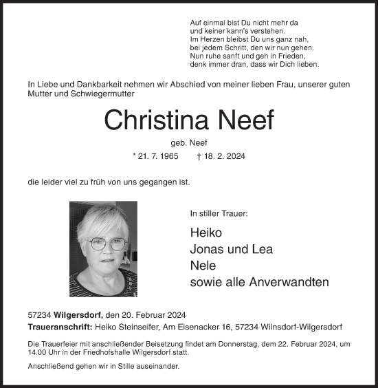 Traueranzeige von Christina Neef von Siegener Zeitung