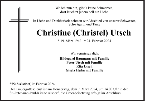 Traueranzeige von Christine Utsch von Siegener Zeitung