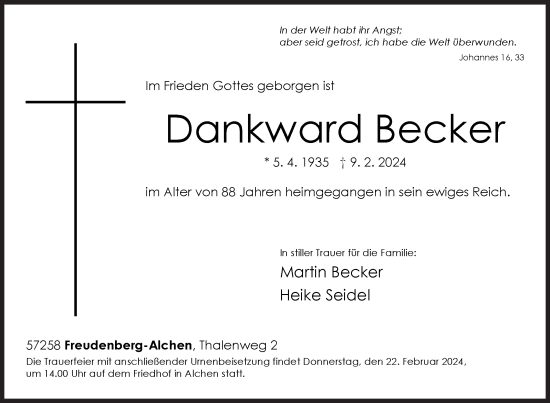 Traueranzeige von Dankward Becker von Siegener Zeitung