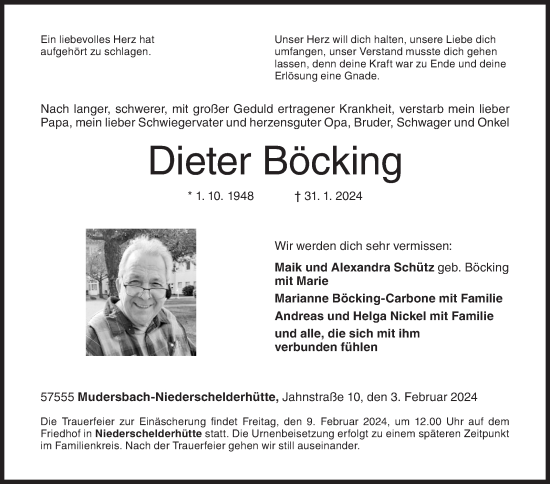 Traueranzeige von Dieter Böcking von Siegener Zeitung