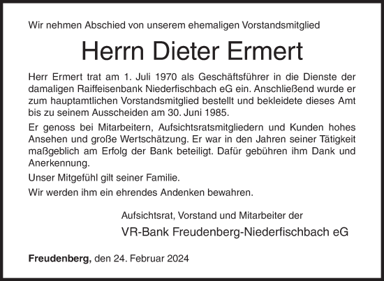 Traueranzeige von Dieter Ermert von Siegener Zeitung