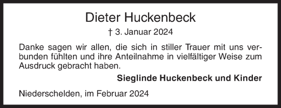 Traueranzeige von Dieter Huckenbeck von Siegener Zeitung