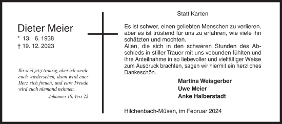 Traueranzeige von Dieter Meier von Siegener Zeitung