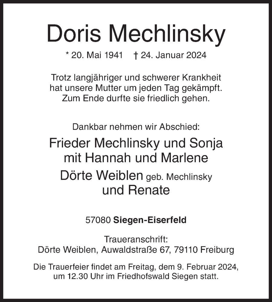  Traueranzeige für Doris Mechlinsky vom 03.02.2024 aus Siegener Zeitung