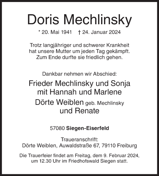 Traueranzeige von Doris Mechlinsky von Siegener Zeitung