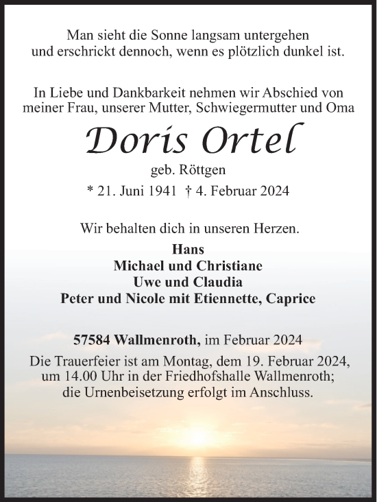 Traueranzeige von Doris Ortel von Siegener Zeitung