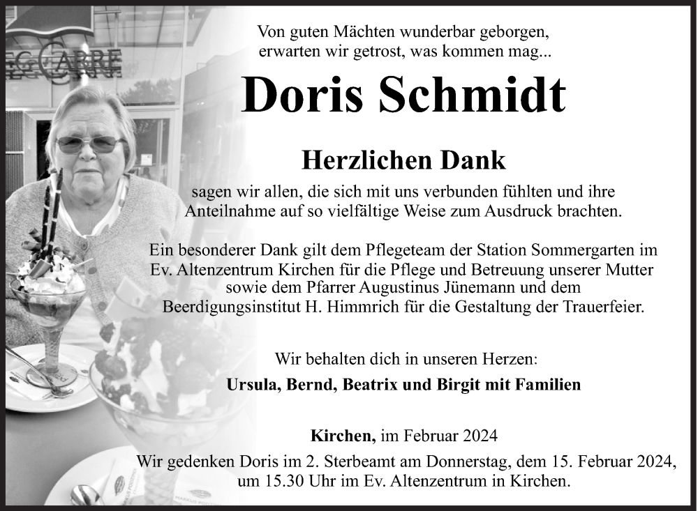  Traueranzeige für Doris Schmidt vom 10.02.2024 aus Siegener Zeitung