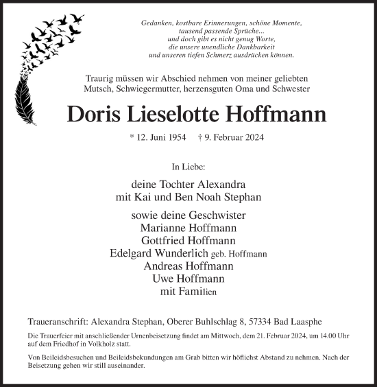 Traueranzeige von Doris Lieselotte Hoffmann von Siegener Zeitung