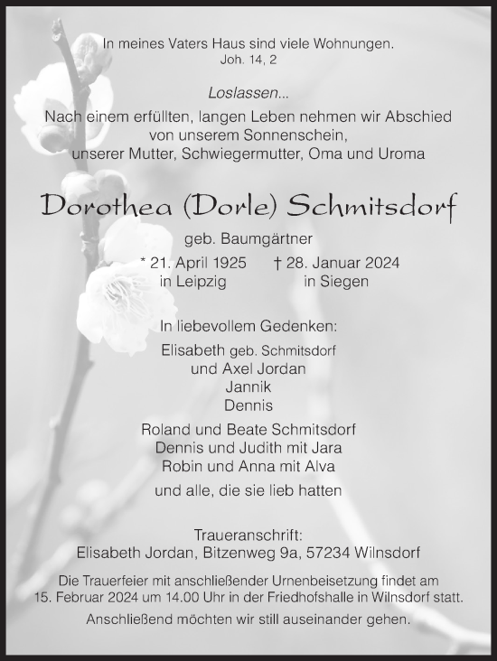 Traueranzeige von Dorothea Schmitsdorf von Siegener Zeitung