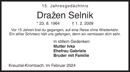 Traueranzeige von Drazen Selnik von Siegener Zeitung