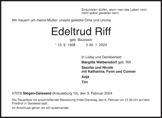 Traueranzeige von Edeltrud Riff von Siegener Zeitung