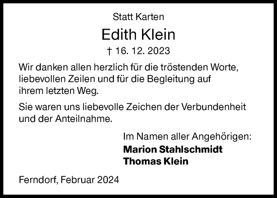 Traueranzeige von Edith Klein von Siegener Zeitung