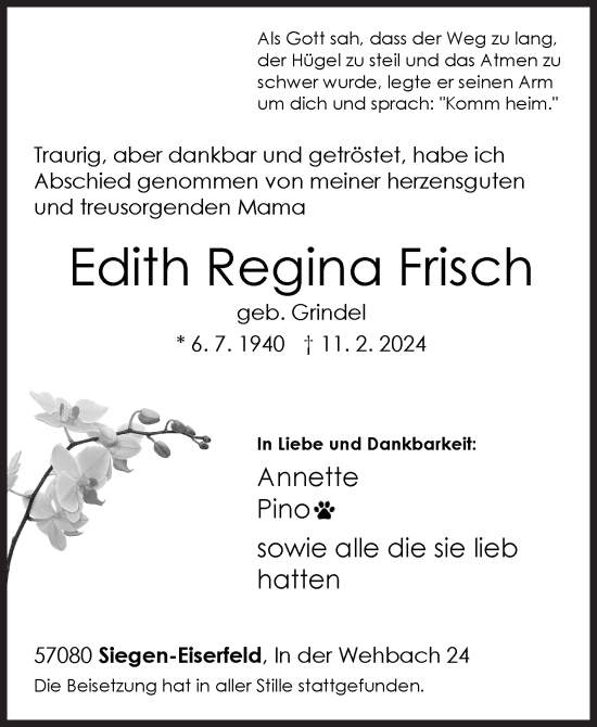 Traueranzeige von Edith Regina Frisch von Siegener Zeitung
