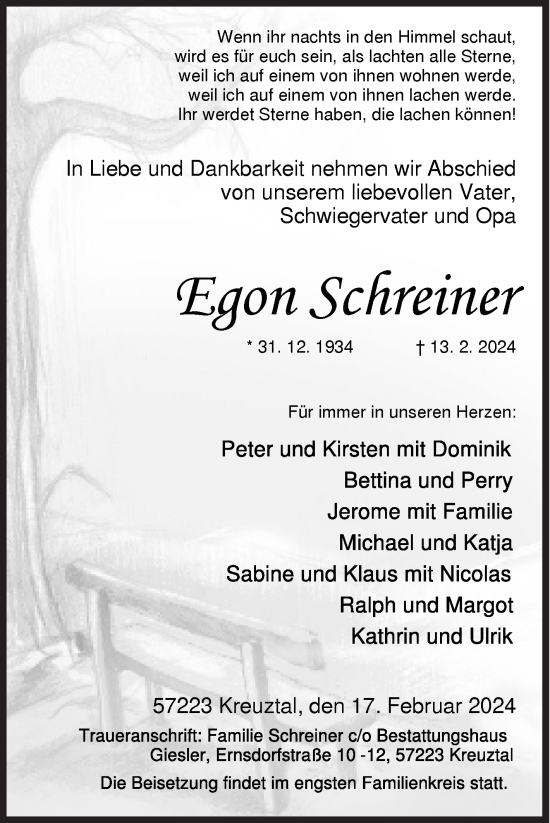 Traueranzeige von Egon Schreiner von Siegener Zeitung