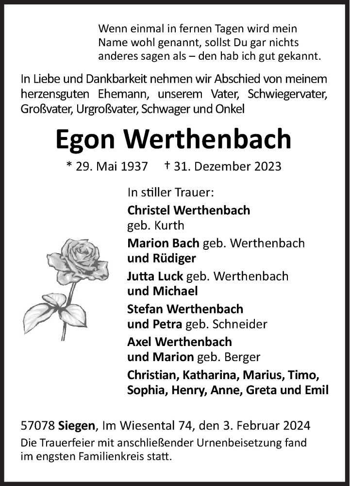  Traueranzeige für Egon Werthenbach vom 03.02.2024 aus Siegener Zeitung