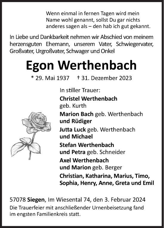 Traueranzeige von Egon Werthenbach von Siegener Zeitung
