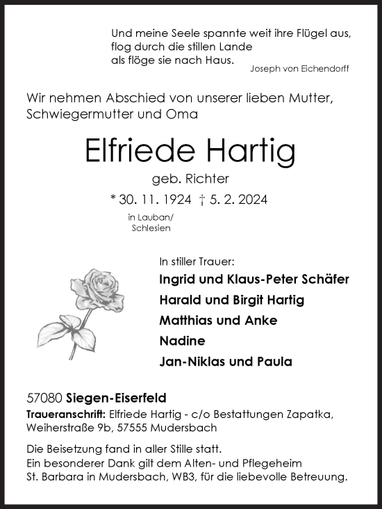 Traueranzeige von Elfriede Hartig von Siegener Zeitung