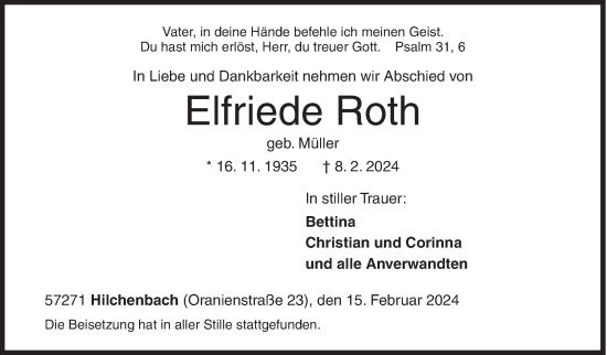 Traueranzeige von Elfriede Roth von Siegener Zeitung