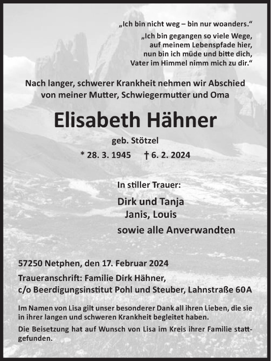 Traueranzeige von Elisabeth Hähner von Siegener Zeitung