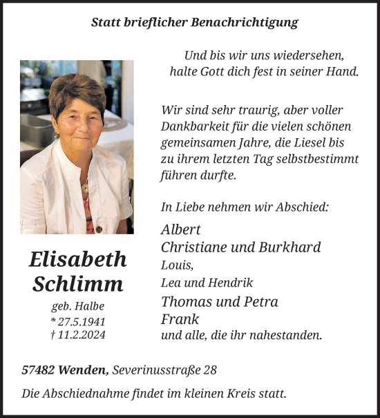 Traueranzeige von Elisabeth Schlimm von Siegener Zeitung