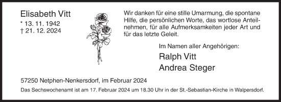 Traueranzeige von Elisabeth Vitt von Siegener Zeitung