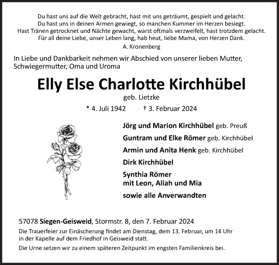 Traueranzeige von Elly Else Charlotte Kirchhübel von Siegener Zeitung