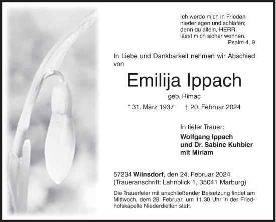 Traueranzeige von Emilija Ippach von Siegener Zeitung