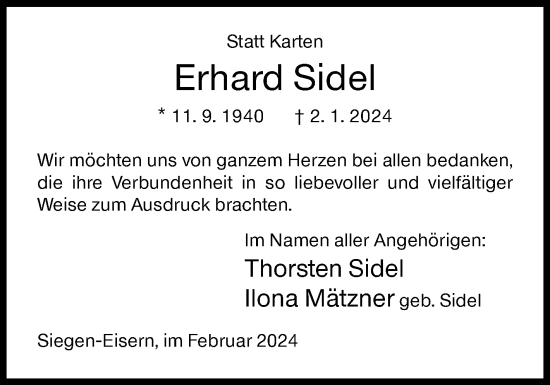 Traueranzeige von Erhard Sidel von Siegener Zeitung