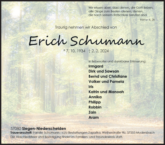 Traueranzeige von Erich Schumann von Siegener Zeitung