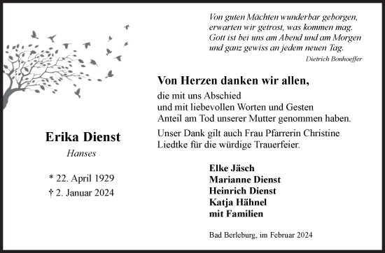 Traueranzeige von Erika Dienst von Siegener Zeitung