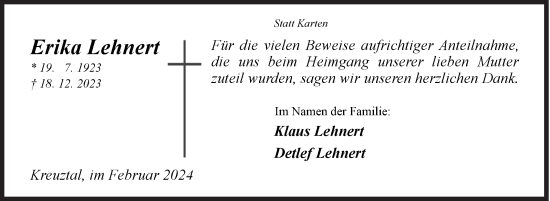 Traueranzeige von Erika Lehnert von Siegener Zeitung