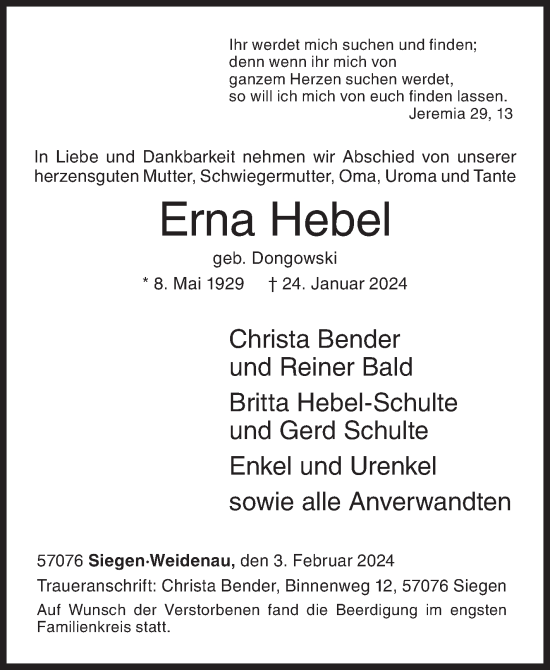 Traueranzeige von Erna Hebel von Siegener Zeitung