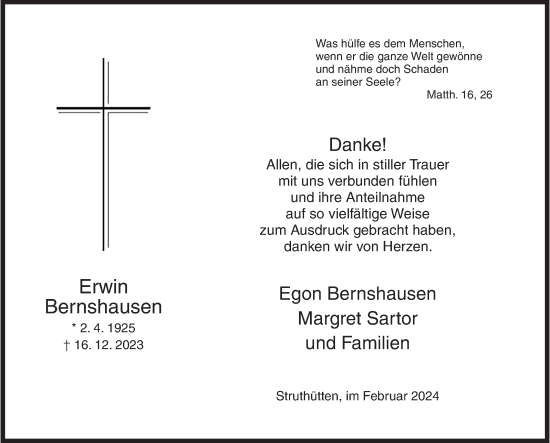 Traueranzeige von Erwin Bernshausen von Siegener Zeitung